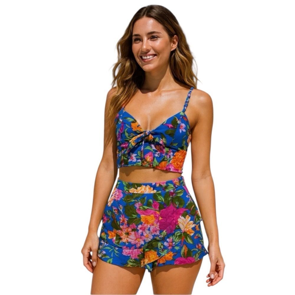 Band of Gypsies/Lottie & Holly 2 Piece Blue Tropical Floral Crop Top & Skort M